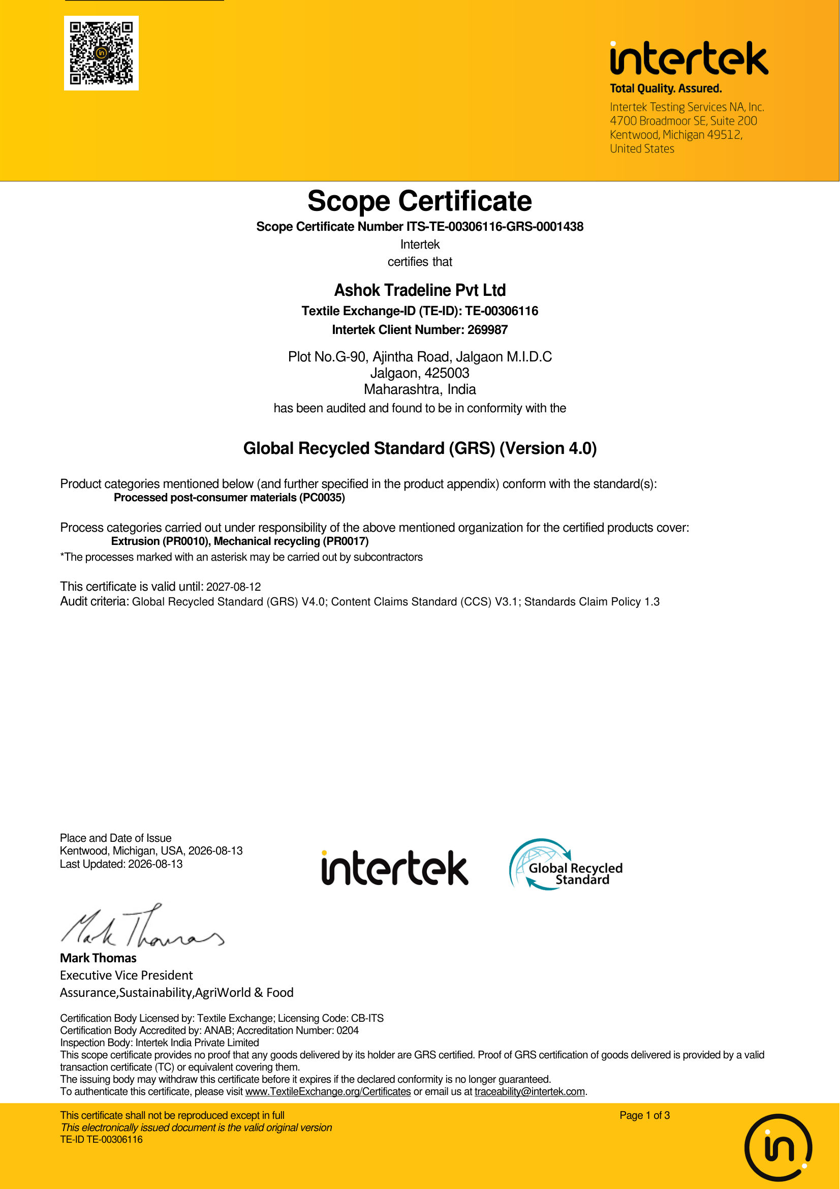Ashok Tradeline Pvt Ltd Intertek GRS Scope Certificate