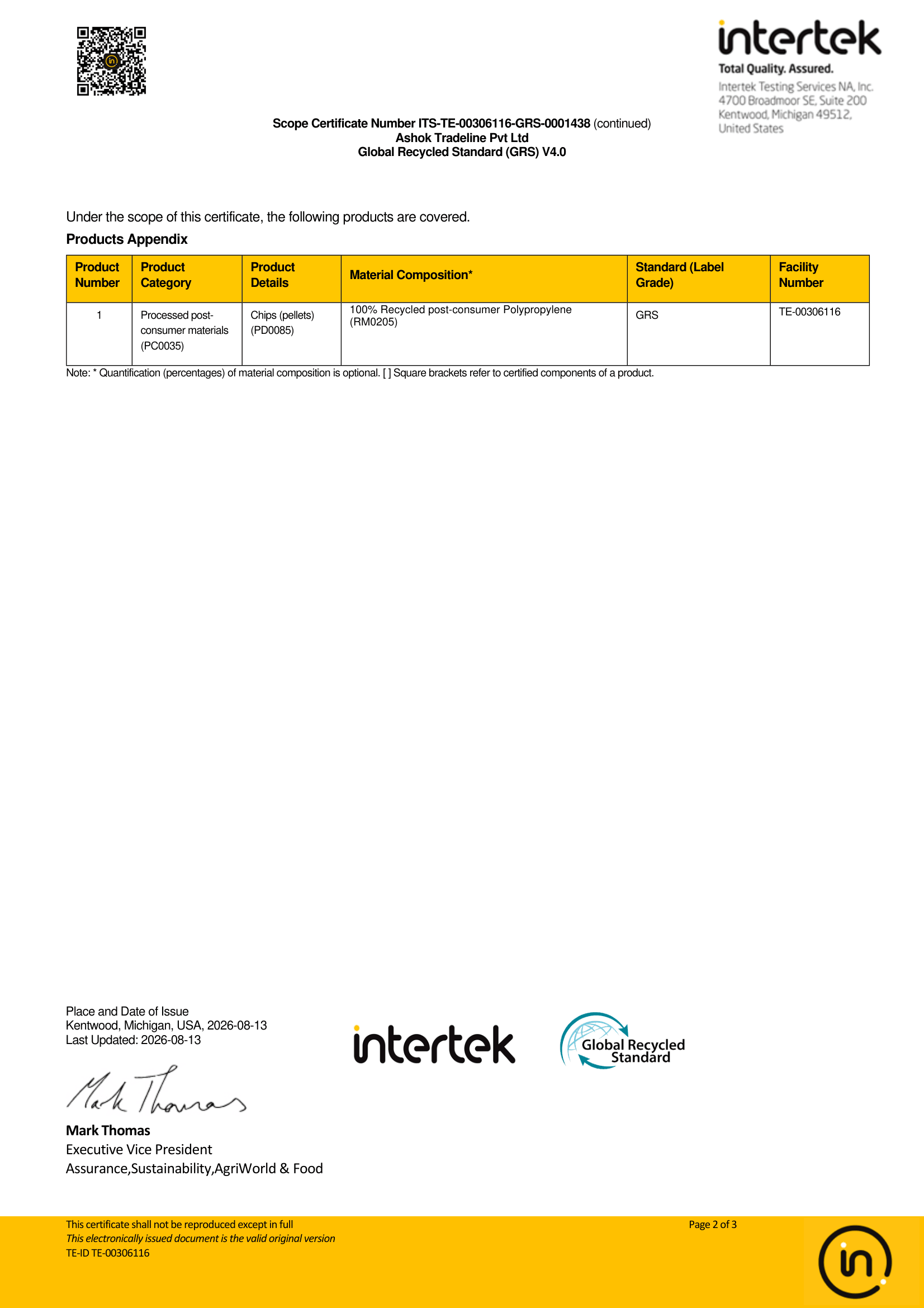 GRS Scope Certificate products appendix for Ashok Tradeline recycled polypropylene pellets
