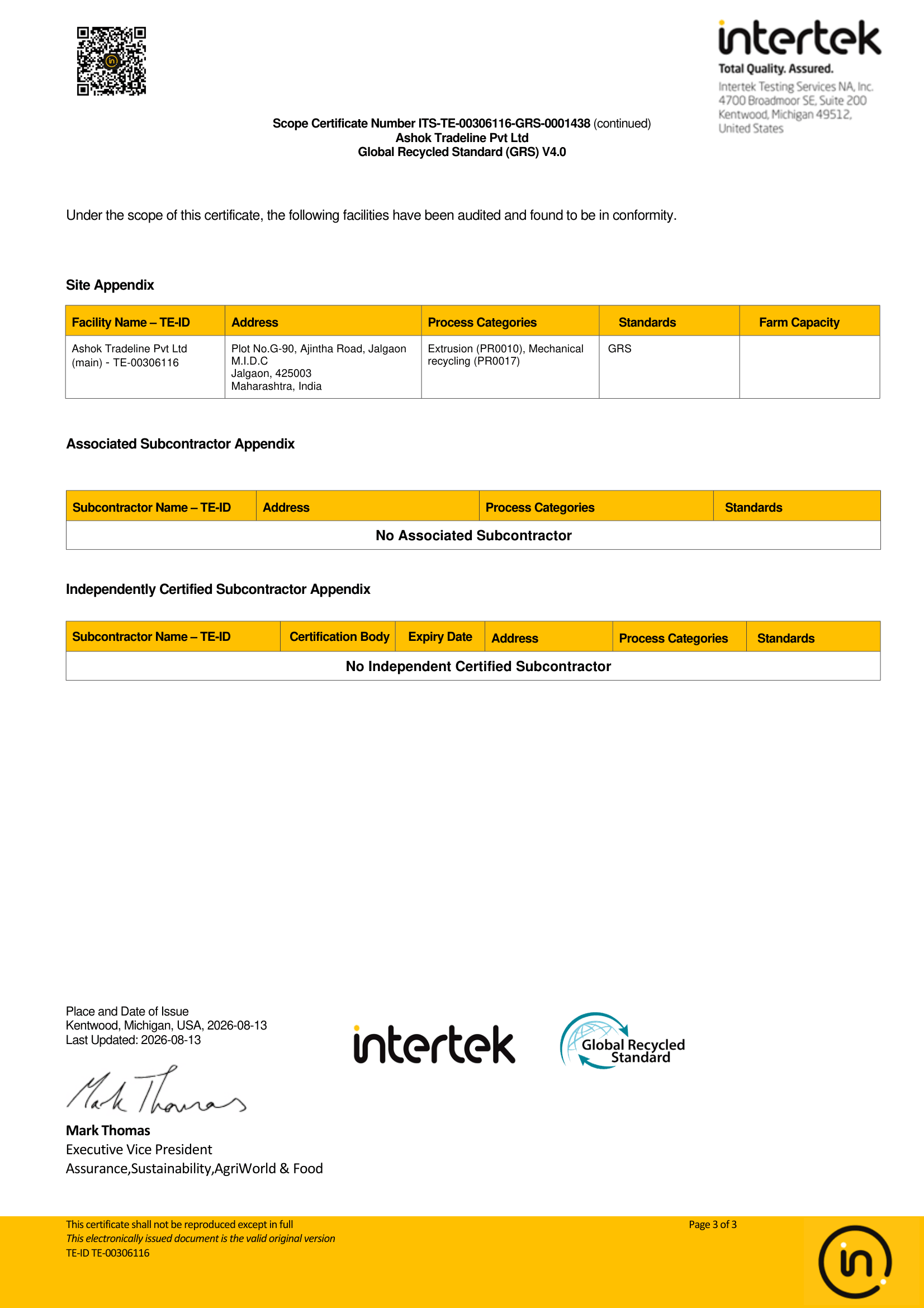 GRS Scope Certificate site appendix listing Ashok Tradeline G-90 Jalgaon MIDC facility