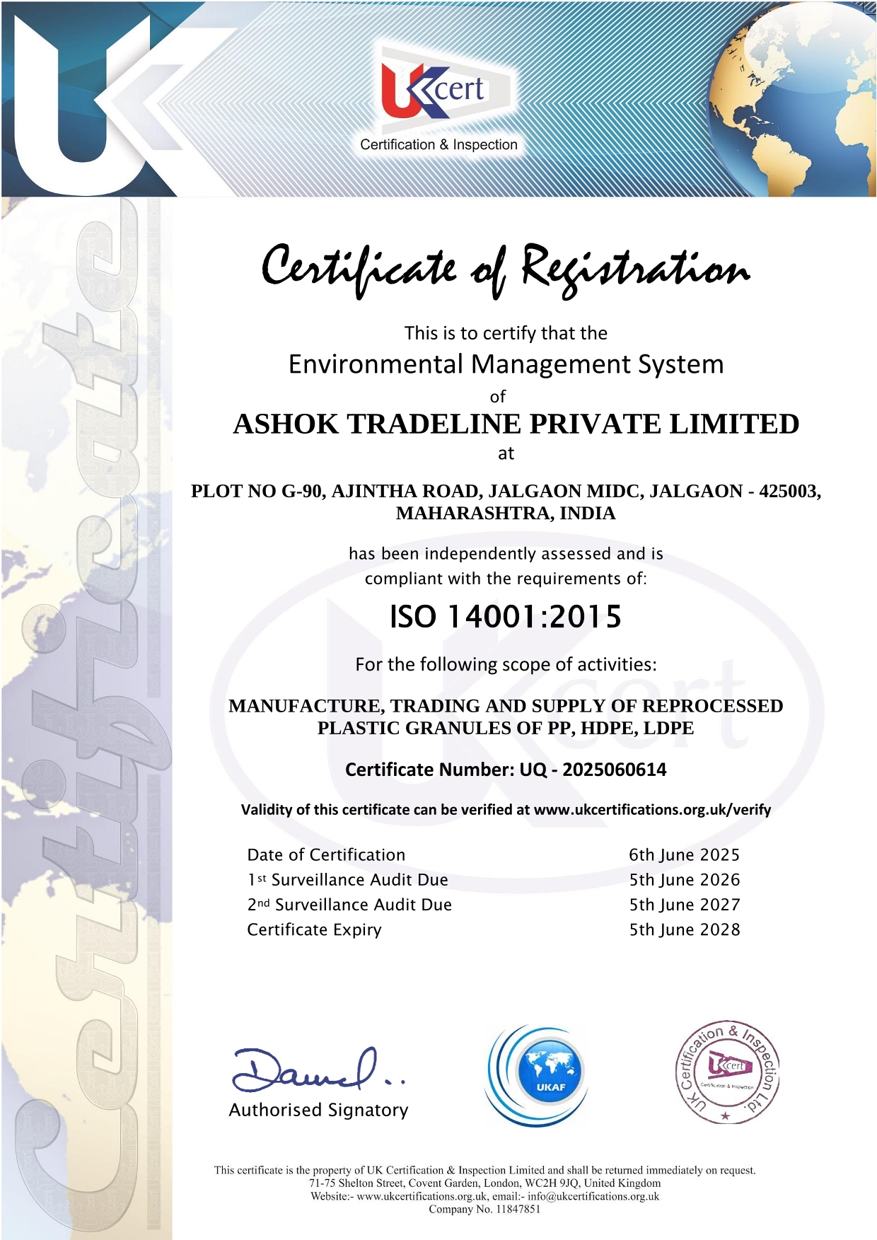 ISO 14001:2015 Environmental Certification - Ashok Tradeline